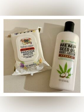 Hemp Happy Hemp Seed Oil Lotion Coconut 12oz + Power Stick Paradise Breeze Wipes